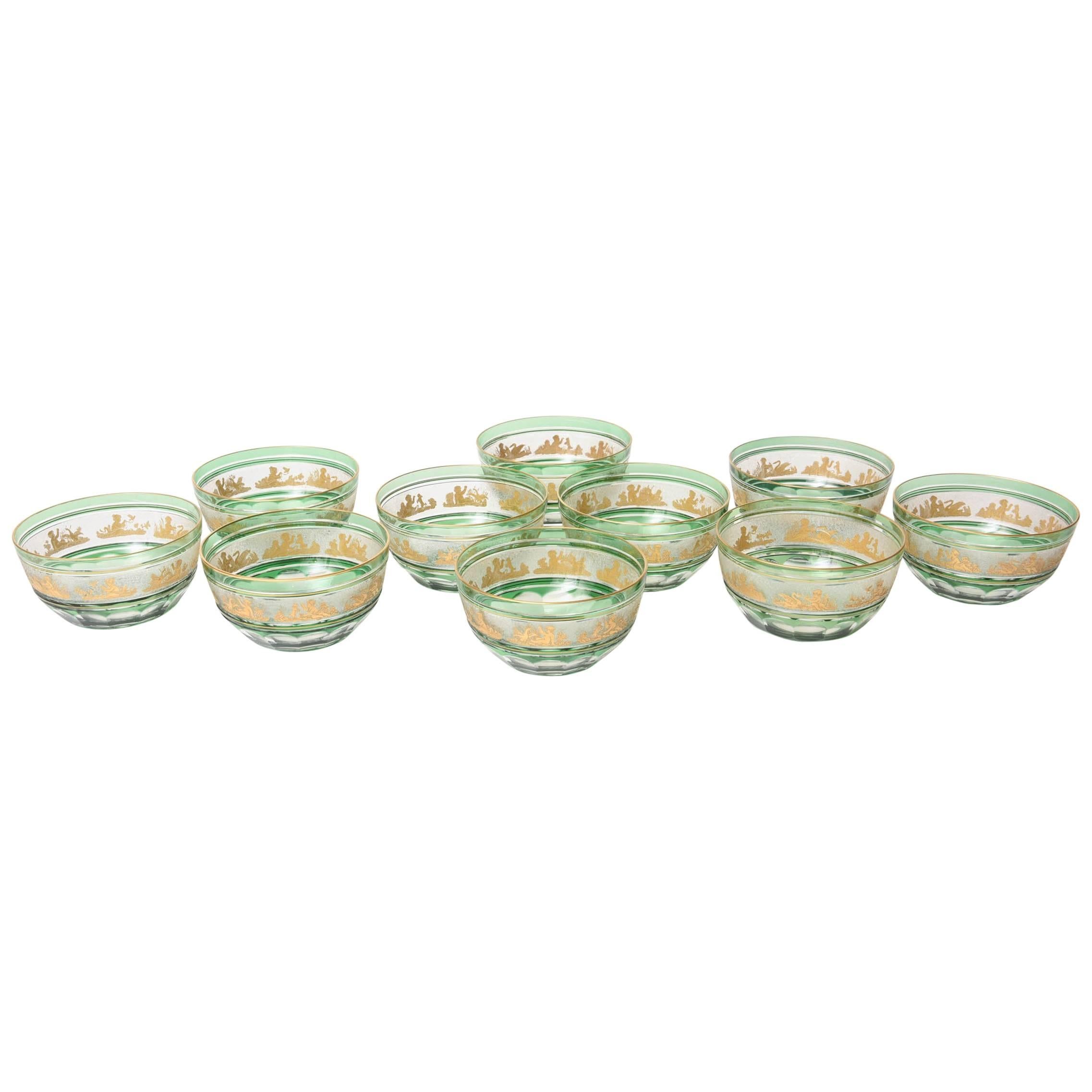 Set of Ten Green Glass Gilt Dessert Bowls, Val Saint Lambert, circa 1920s
