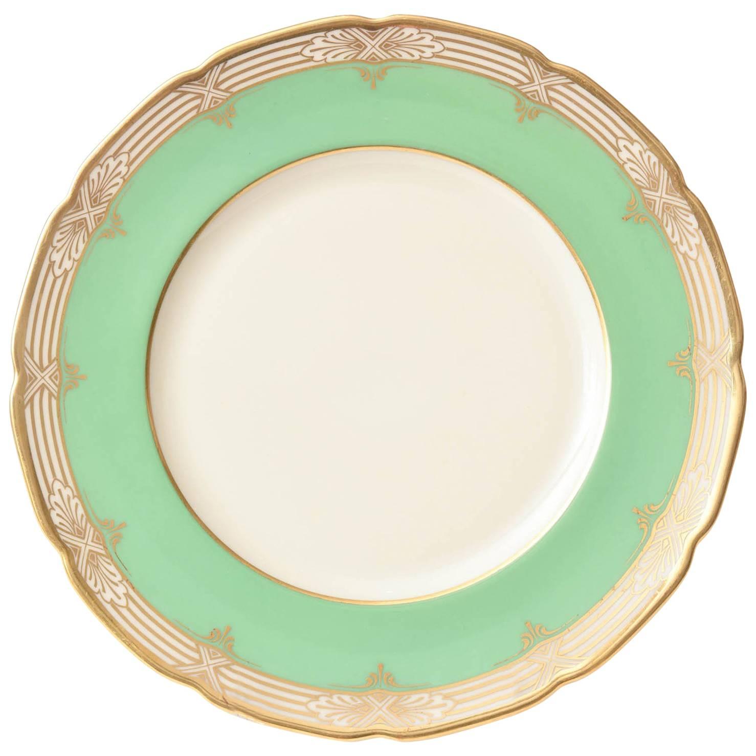 12 Pretty Green and Gold Dinner Plates Antique