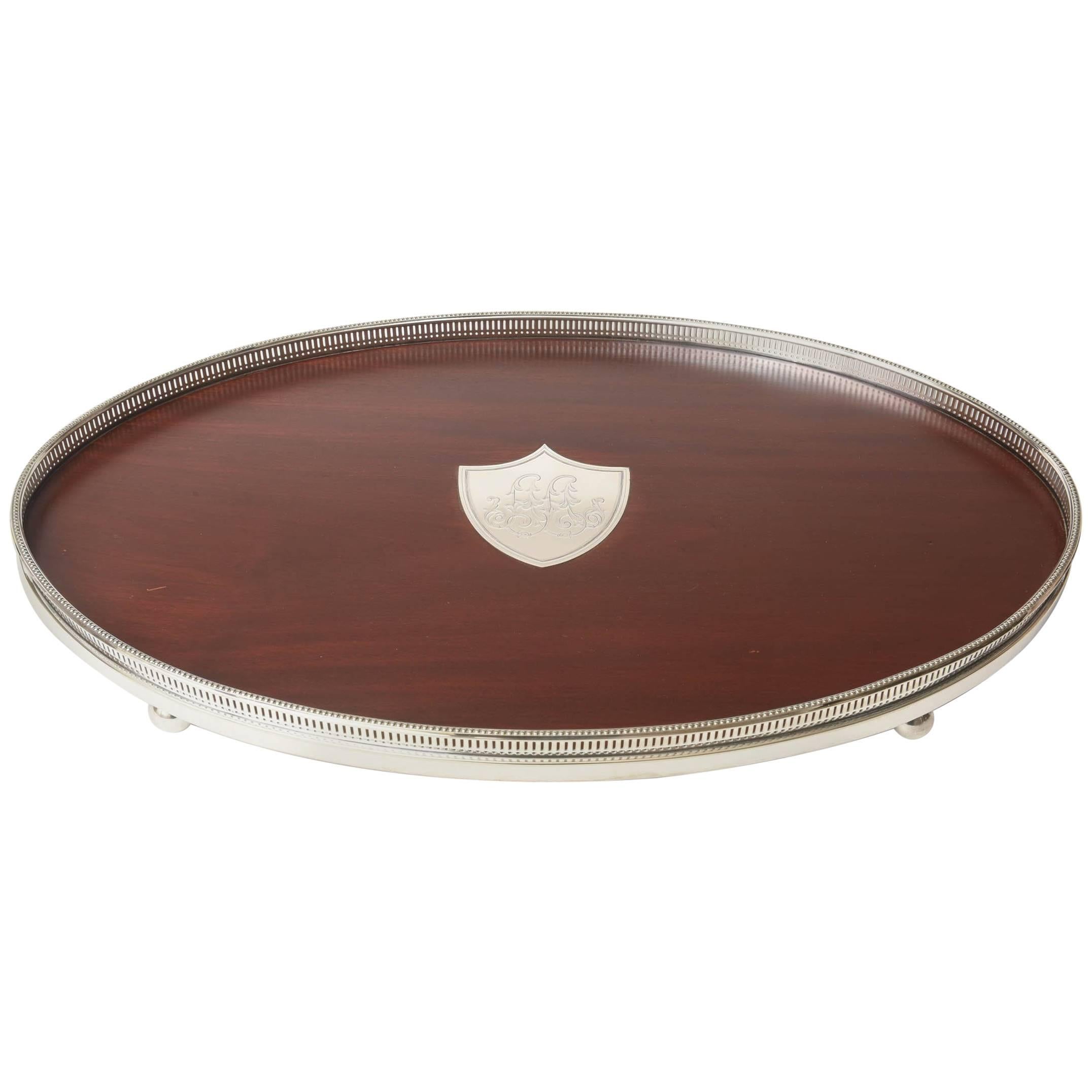 Tiffany Serving Tray, Pedestal Feet with Sterling Inset Medallion