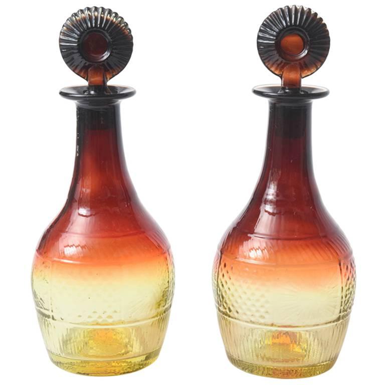 Pair of Sherry Decanters and Original Stoppers, Amber