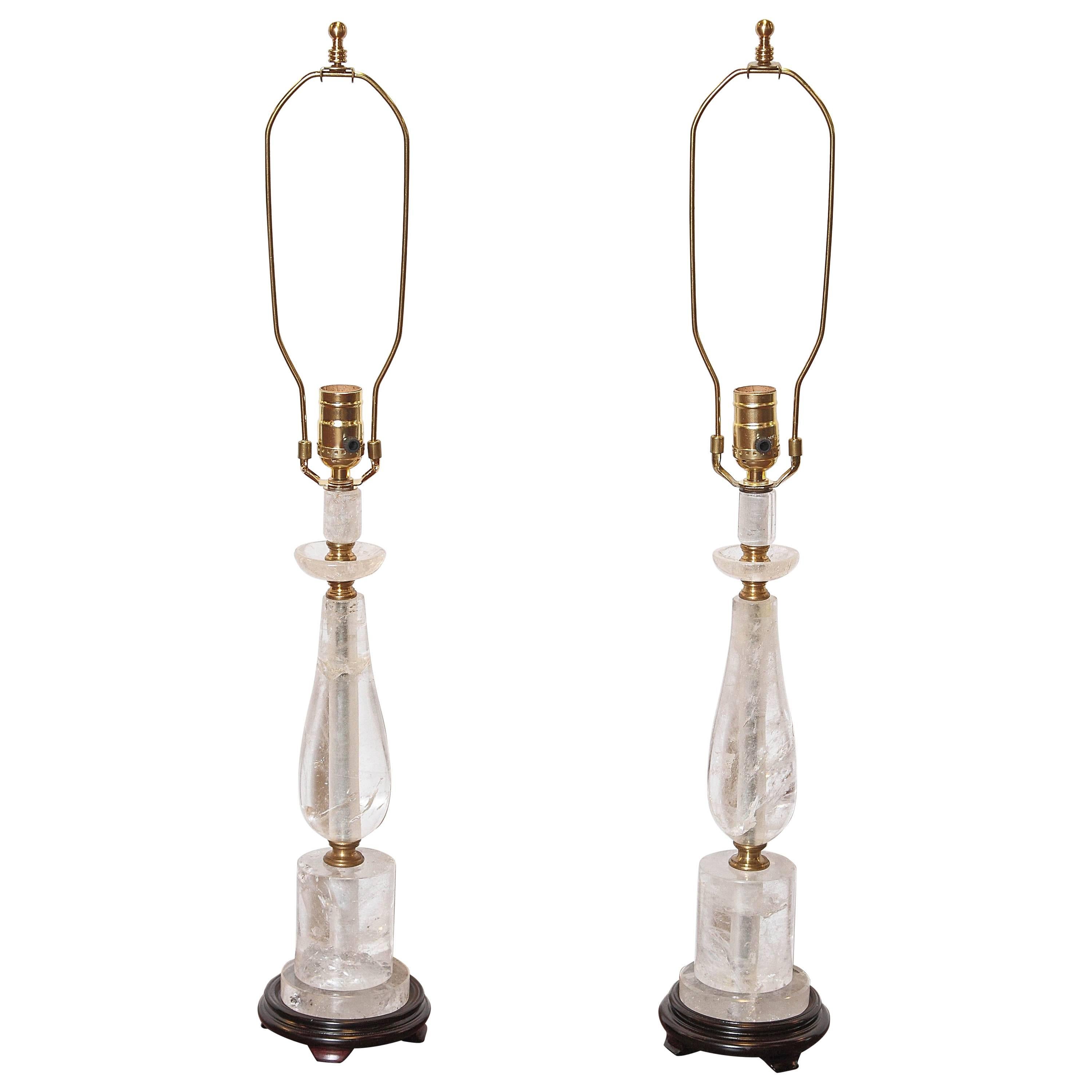 Pair of Rock Crystal Lamps with Brass Fittings