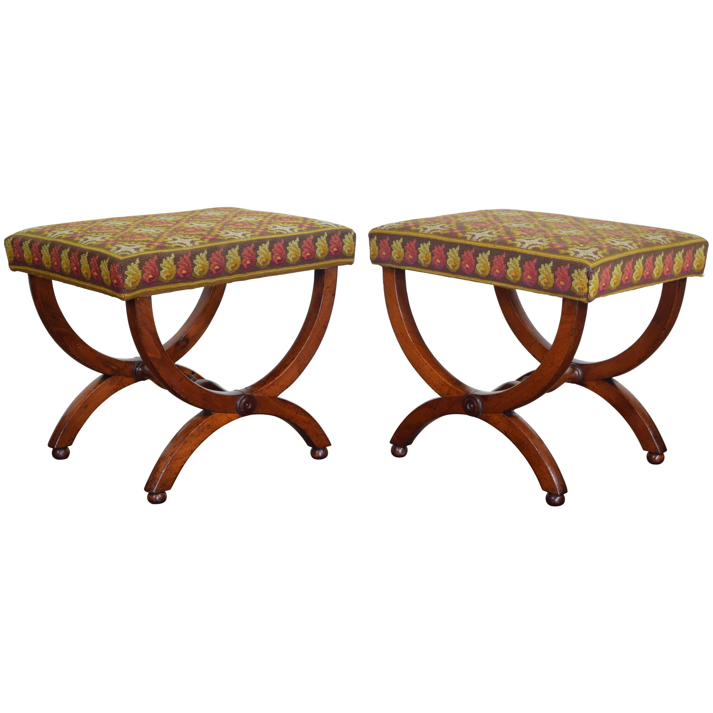 Pair of French Late Neoclassical Walnut Curule-Form Benches, Mid-19th Century