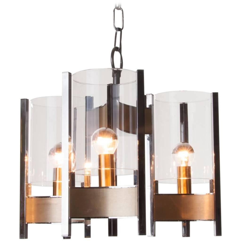 1970s Chrome, Brushed Brass and Glass Chandelier by Sciolari