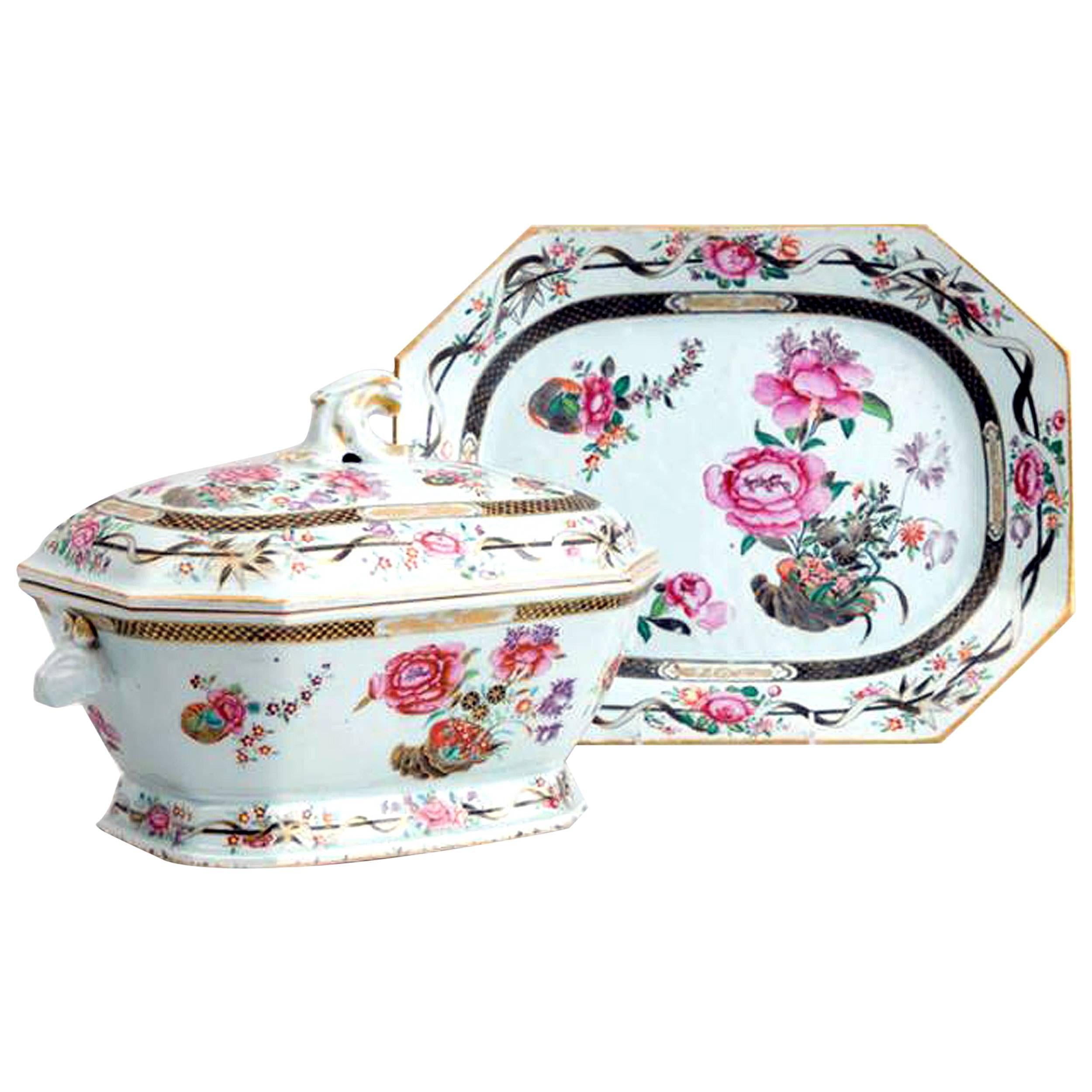 Chinese Export Porcelain Famille Rose Soup Tureen, Cover and Stand, Circa 1765