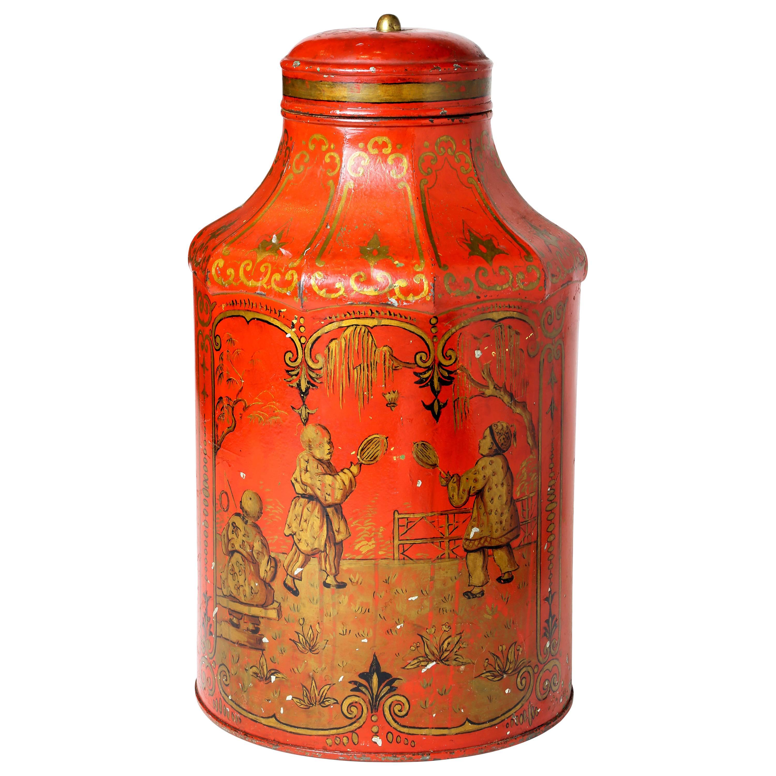 Chinoiserie Painted Metal Tea Canister with Gilt Details For Sale