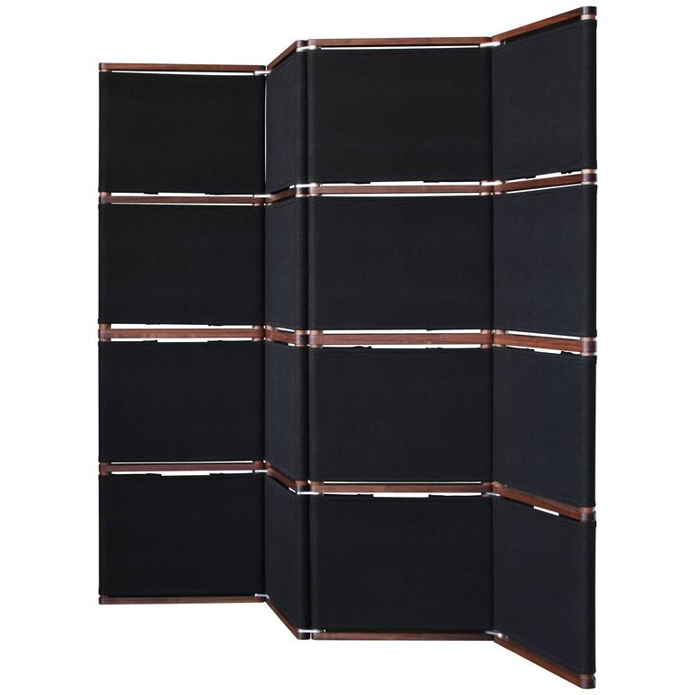 Lambert Folding Screen or Room Divider in Black Canvas and Oiled Walnut