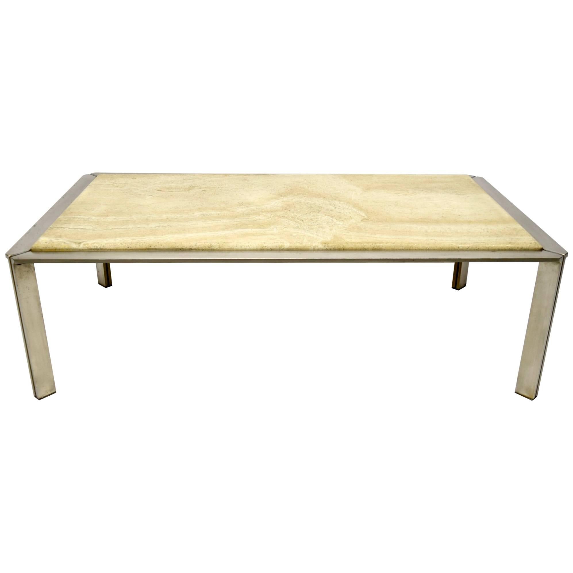 Steel Coffee Table with a Travertine Top circa 1970, made in France For Sale