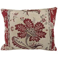 18th Century French Antique Red and White Stylised Flower Block Printed Pillow