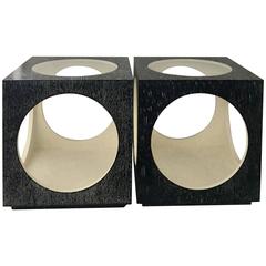 Pair of Modern Circles in Squares Cerused Glass Top Cube Side Tables