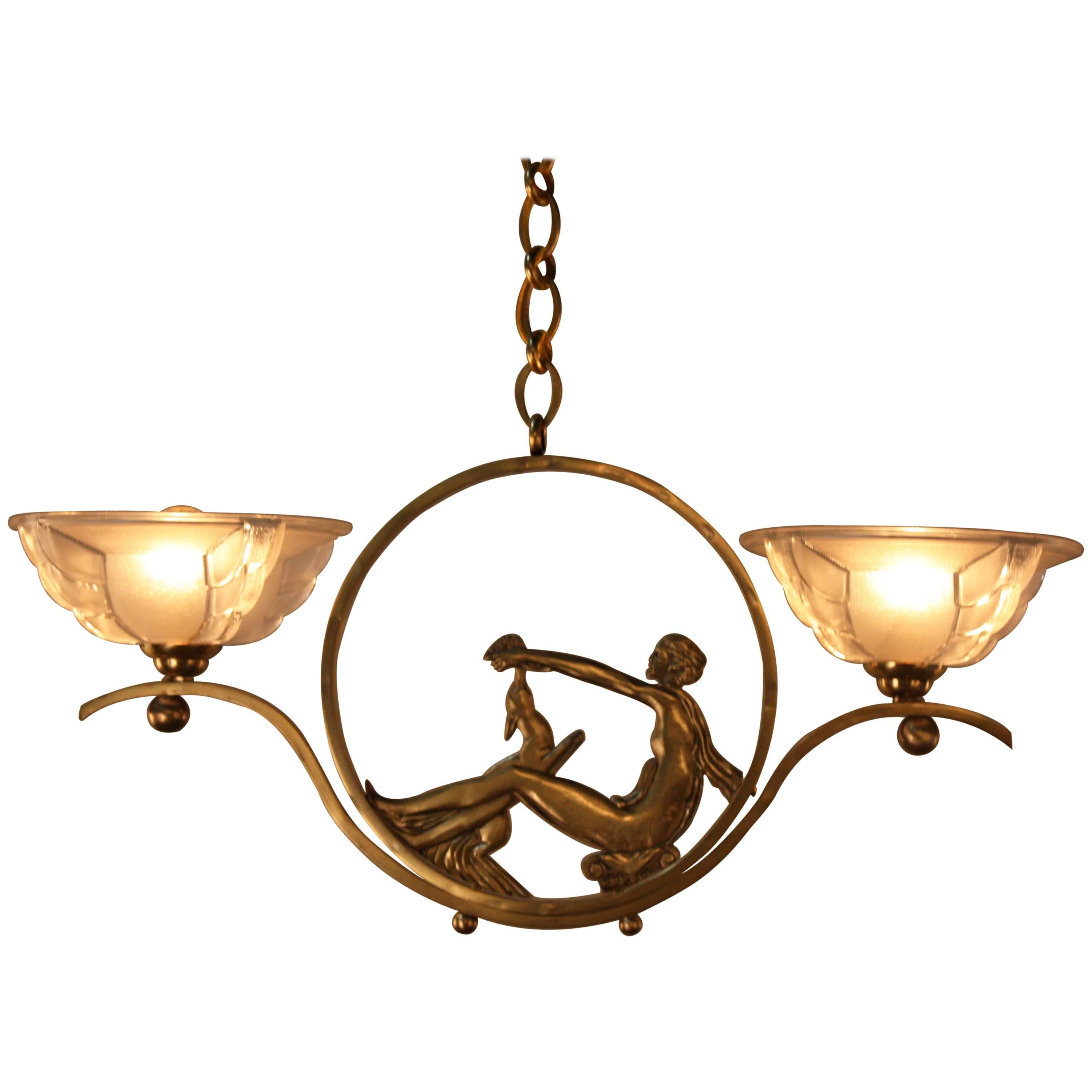 French Art Deco Bronze and Glass Chandelier