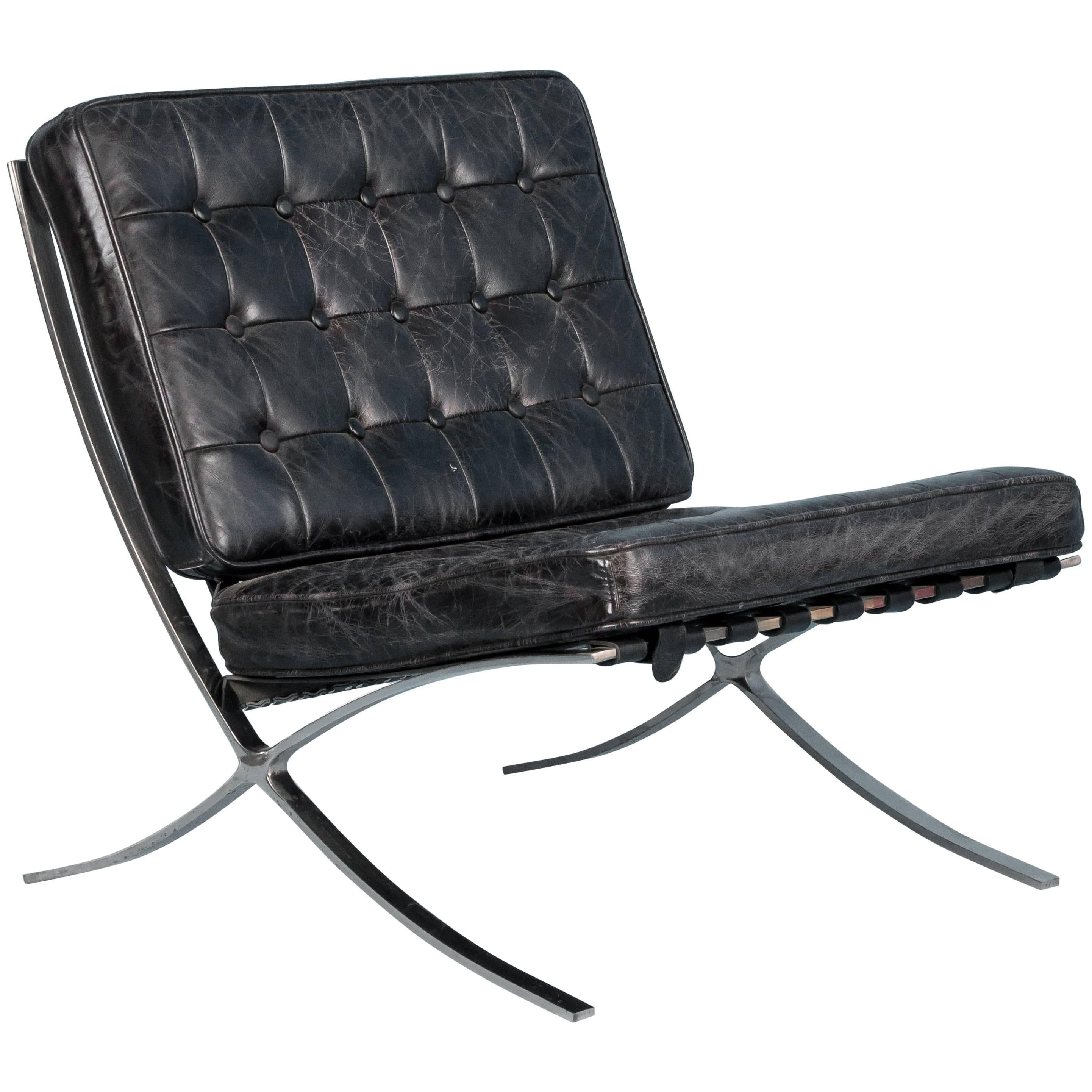 Black Leather Barcelona Style Chair with Chrome Legs