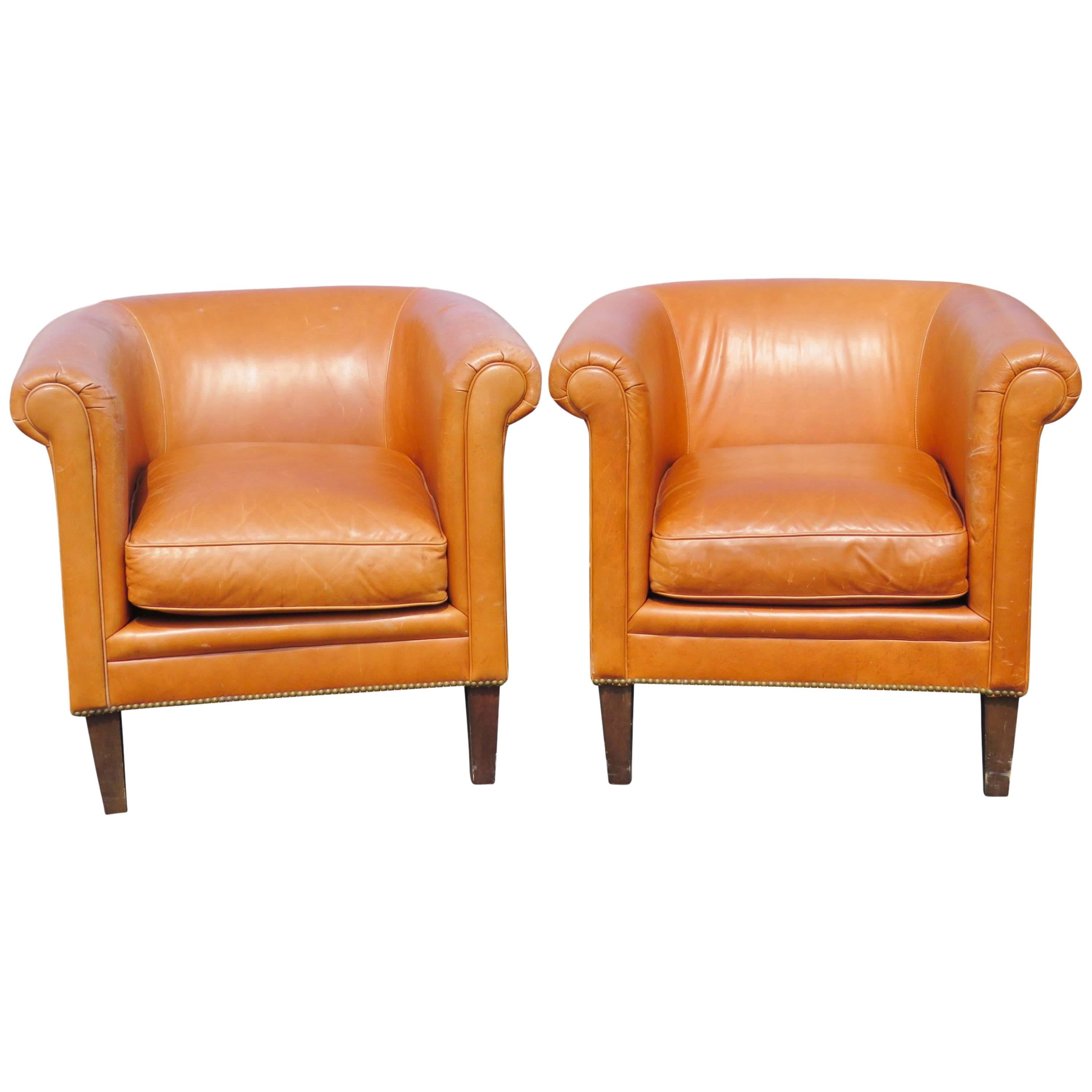 Pair of Bernhardt Brown Leather Club Chairs