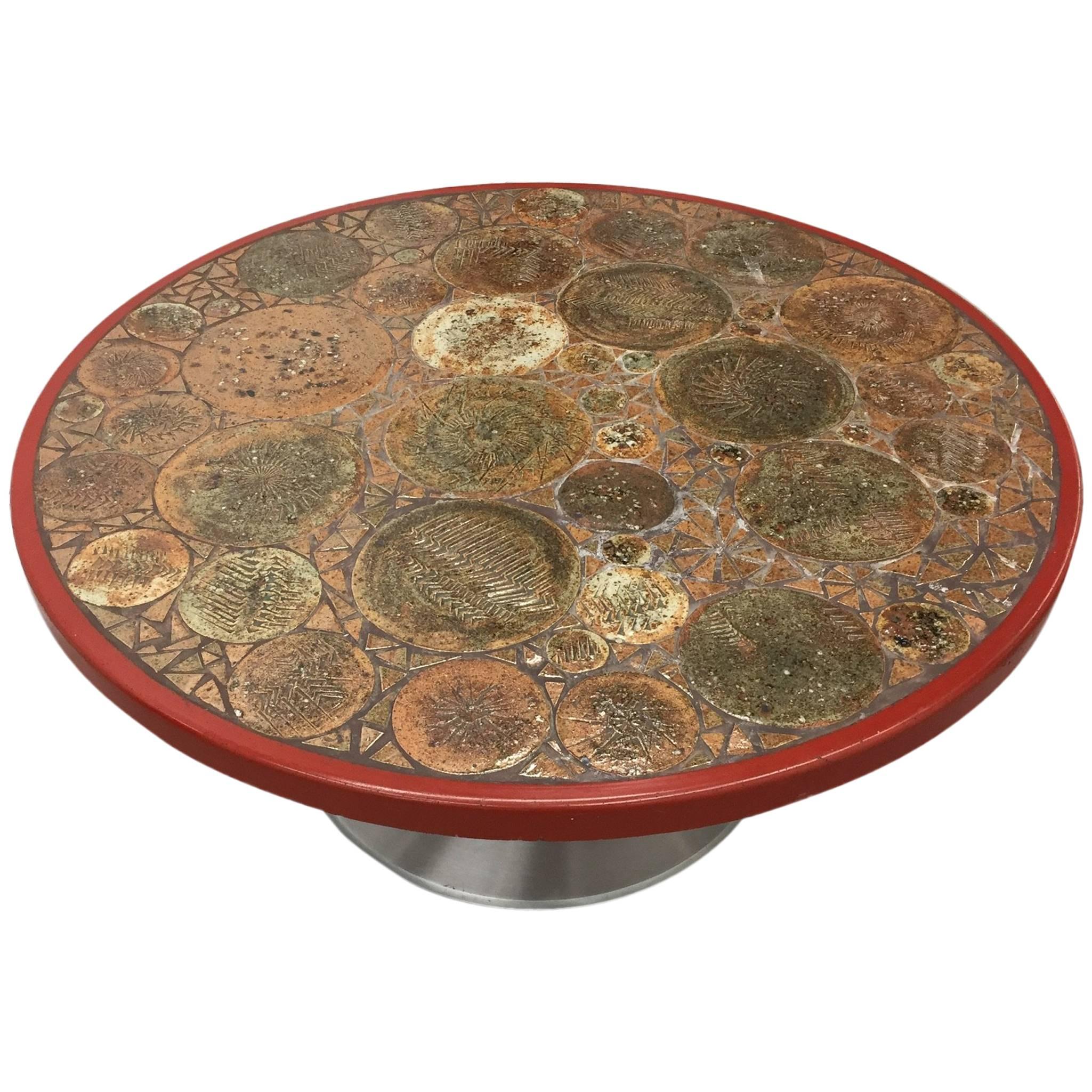 Tue Poulsen Circular Coffee Table with Art Tile Inlay, Denmark, circa 1960s For Sale