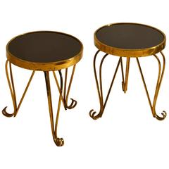 1950s Pair of French Round Side Tables in Brass with Black Glass Top
