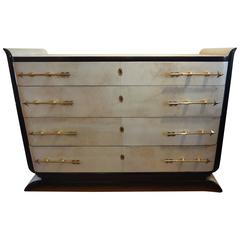 Italian Mid-Century Parchment Four-Drawer Commode with Brass Arrow Hardware