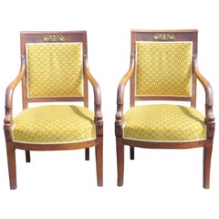 Pair of Antique French Empire Style Fauteuils wArm Chairs with Bronze Ormolu
