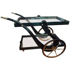 Italian Lacquered Goatskin Bar Cart with Swans and Brass Fittings by Aldo Tura