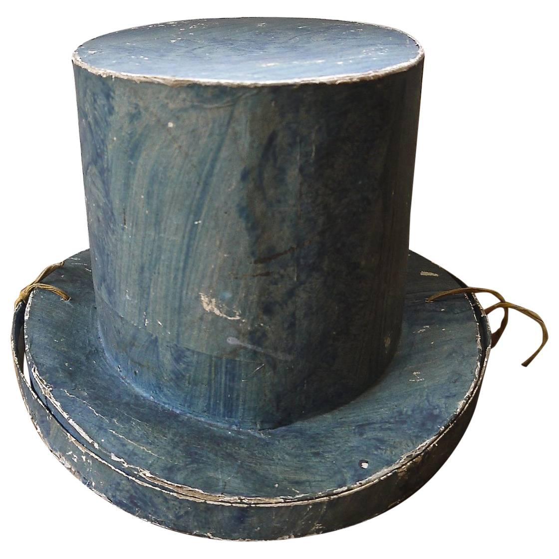 19th Century Swedish Blue Papier Mâché Top Hat Box and Top Hat