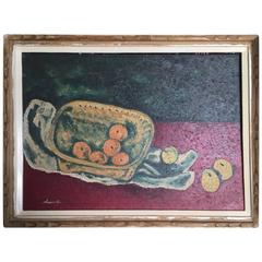 Vintage Japan Inviting Fruit & Basket Still Life Vibrant Oil Painting Signd Shuichi 1930