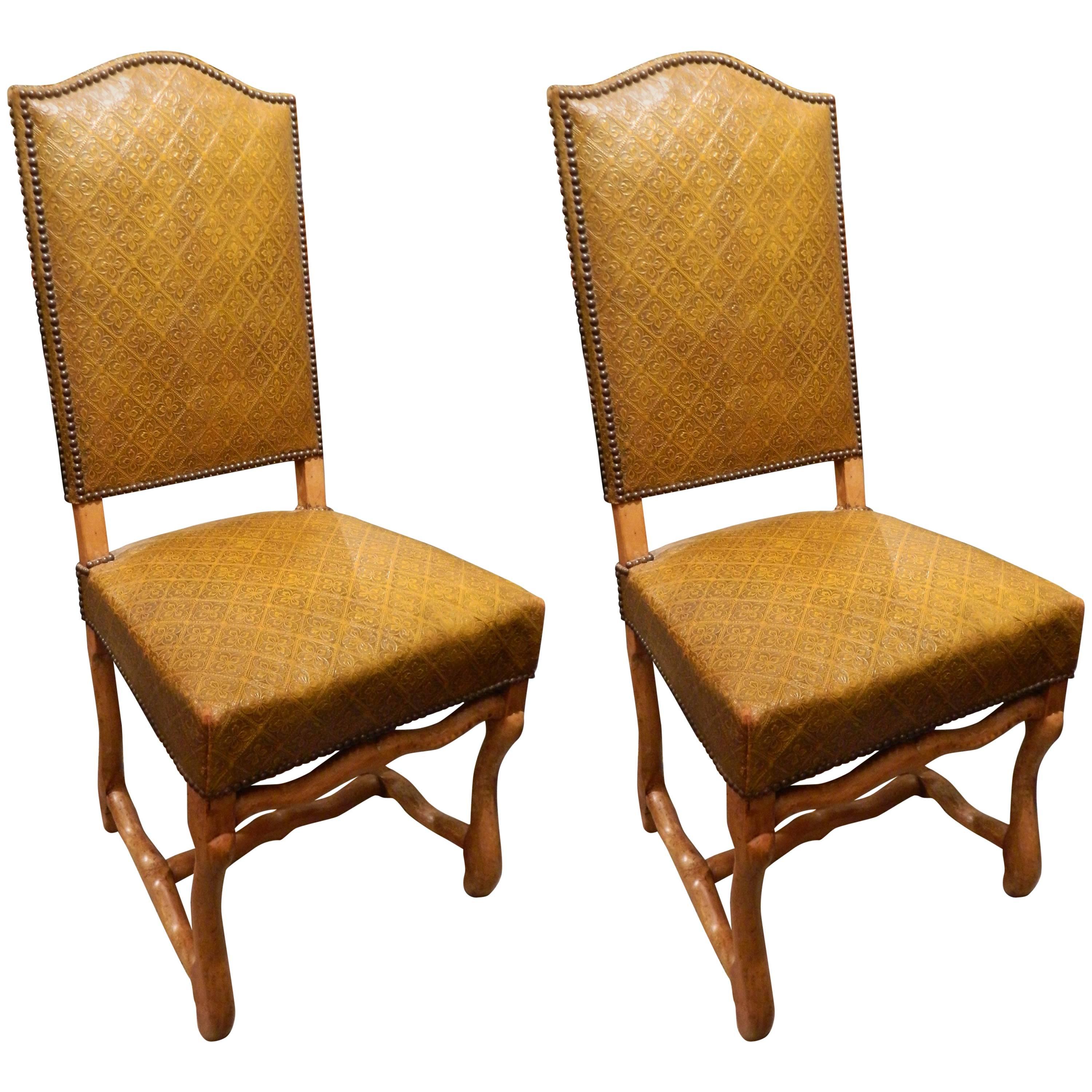 Pair of French Side Chairs Upholstered in Embossed Leather, Late 19th Century