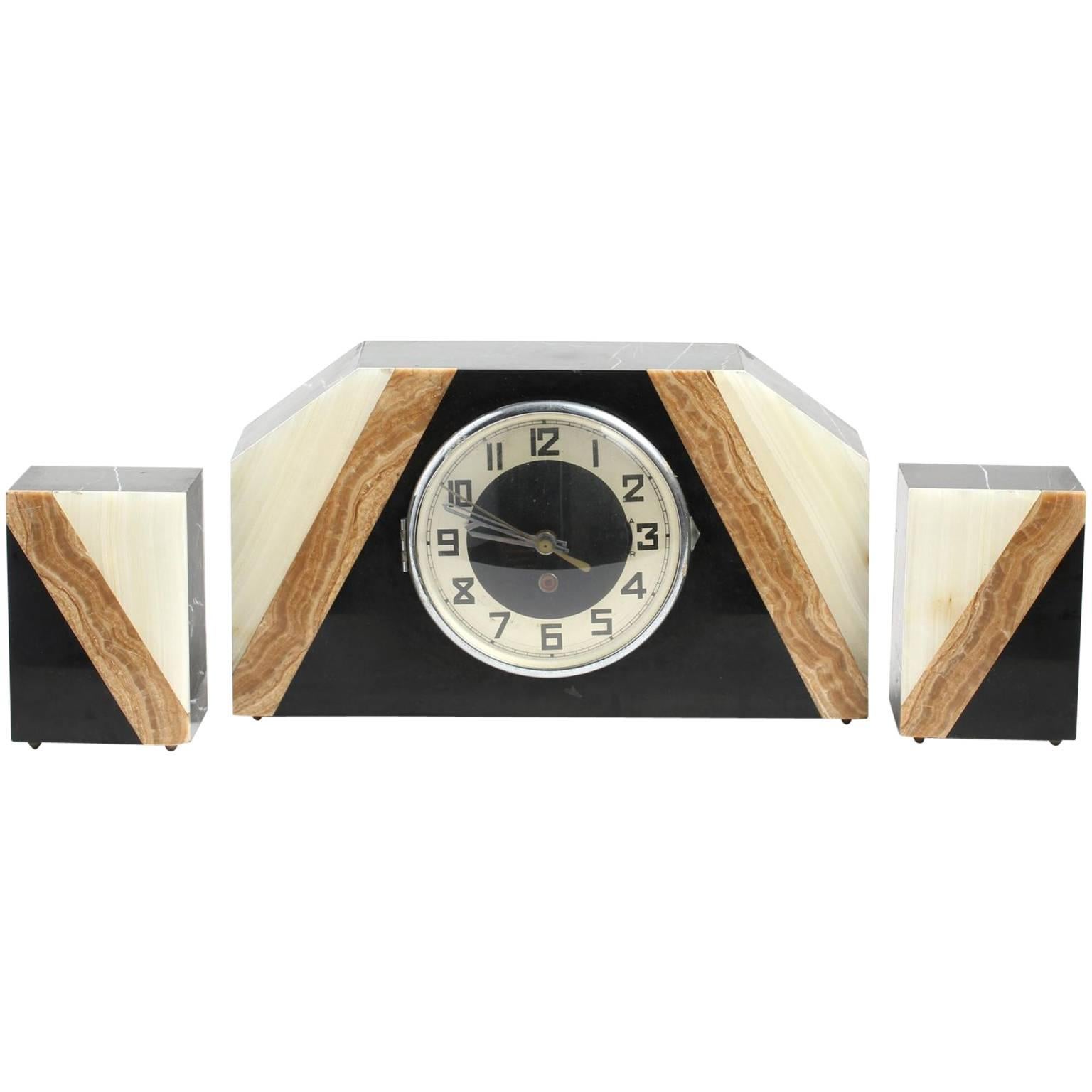 Art Deco Mantel Clock Set in Agate and Black Marble