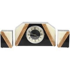 Retro Art Deco Mantel Clock Set in Agate and Black Marble