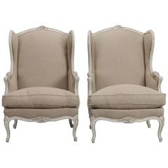 Pair of Linen Covered High Back Bergeres 2