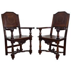 Pair of Italian Baroque Walnut & Inlaid Turned Wood Armchairs, 17th-18th Century