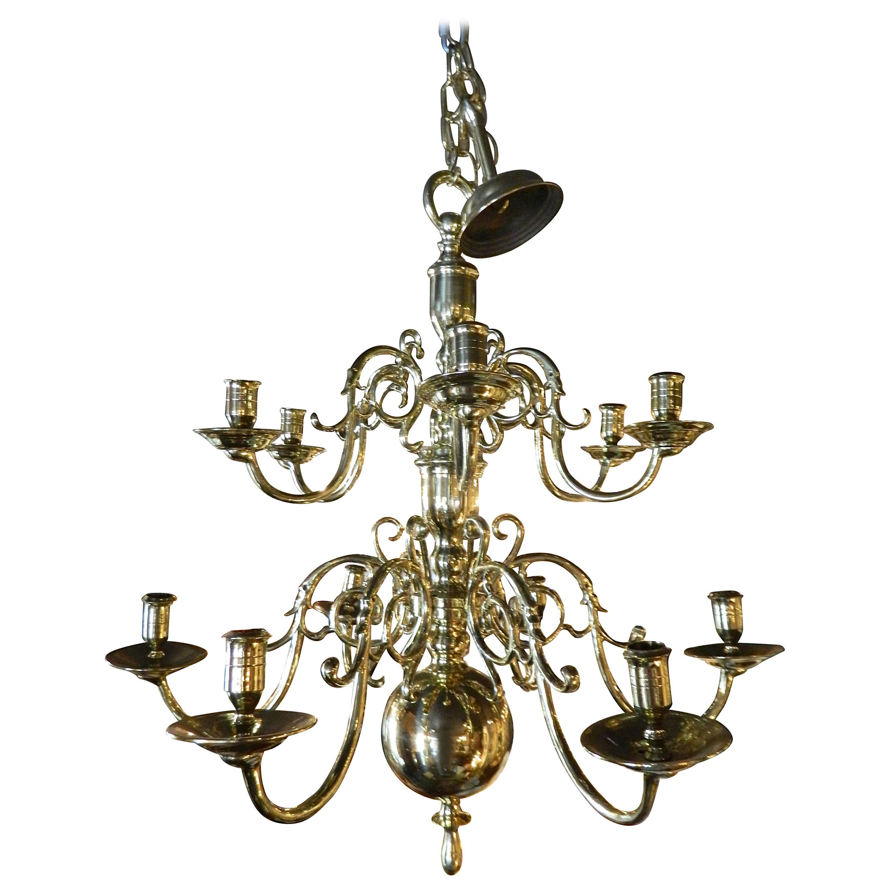 French Polished Brass Two-Tier Ball Chandelier, 19th Century For Sale