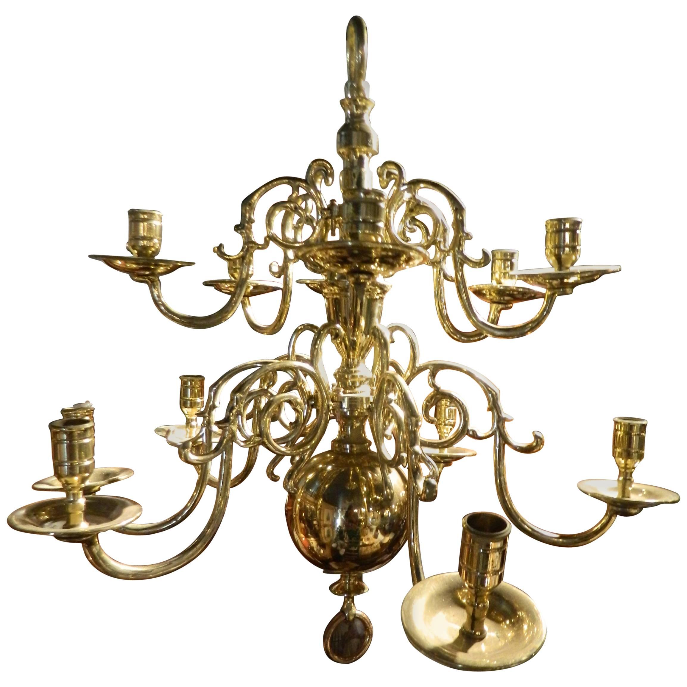 French Polished Brass Two-Tier Ball Chandelier, 19th Century For Sale