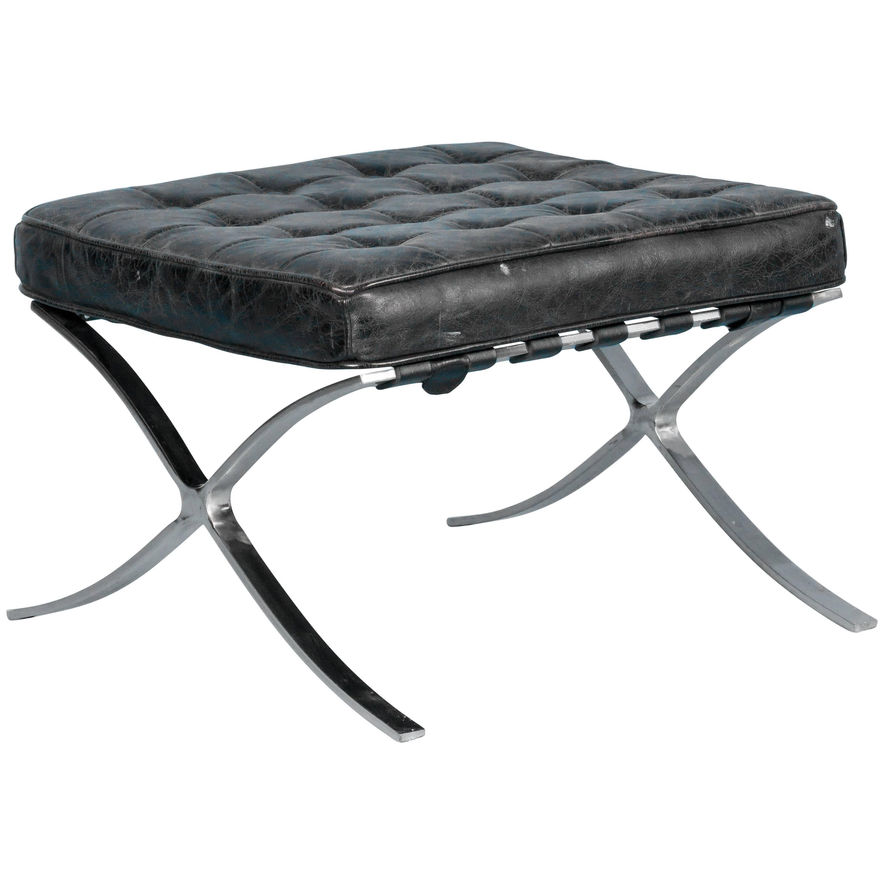 Vintage Looking Black Leather Barcelona Style Ottoman with Chrome Legs
