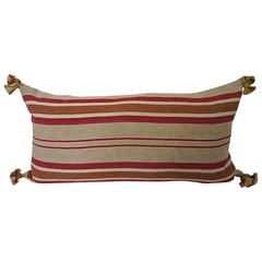 Antique French Red Beige Green Striped Linen Ticking Pillow