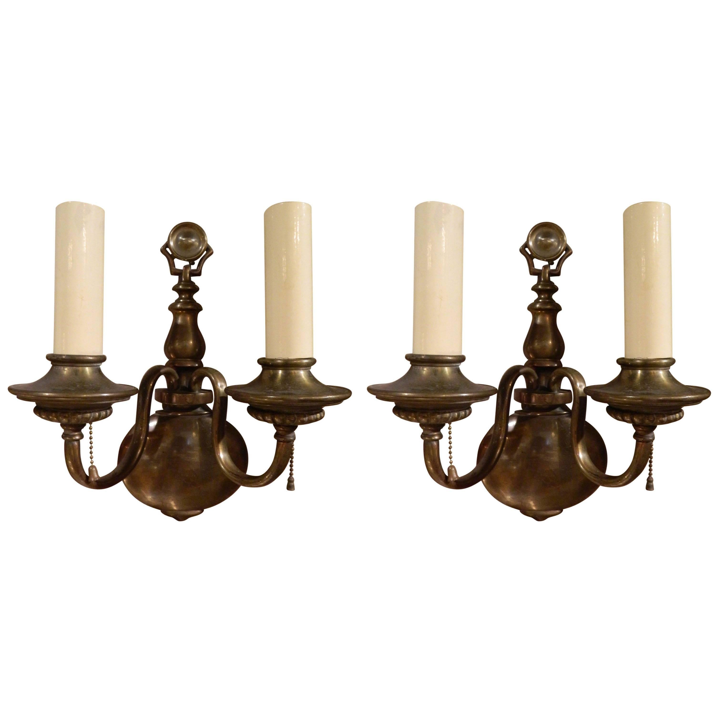 Pair of Solid Brass Two-Light Wall Sconces, Early 20th Century