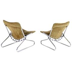 Pair of 1960s Suede Leather and Chrome Easy Lounge Chairs Danish Modern