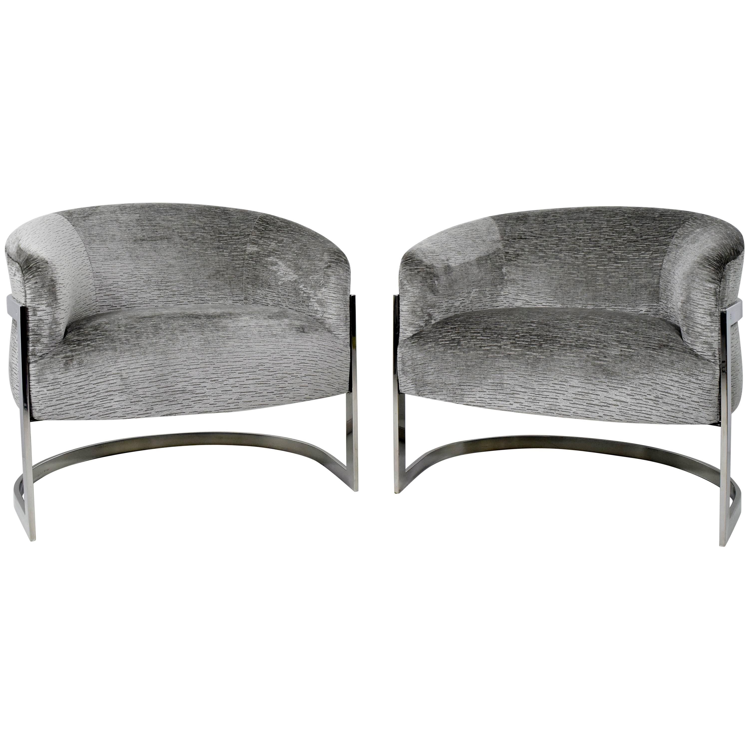 Pair of Milo Baughman Chrome Barrel Back Lounge Chairs