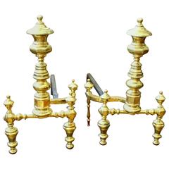 Pair of Antique American Large Federal Style Solid Brass Andirons, NY Attributed
