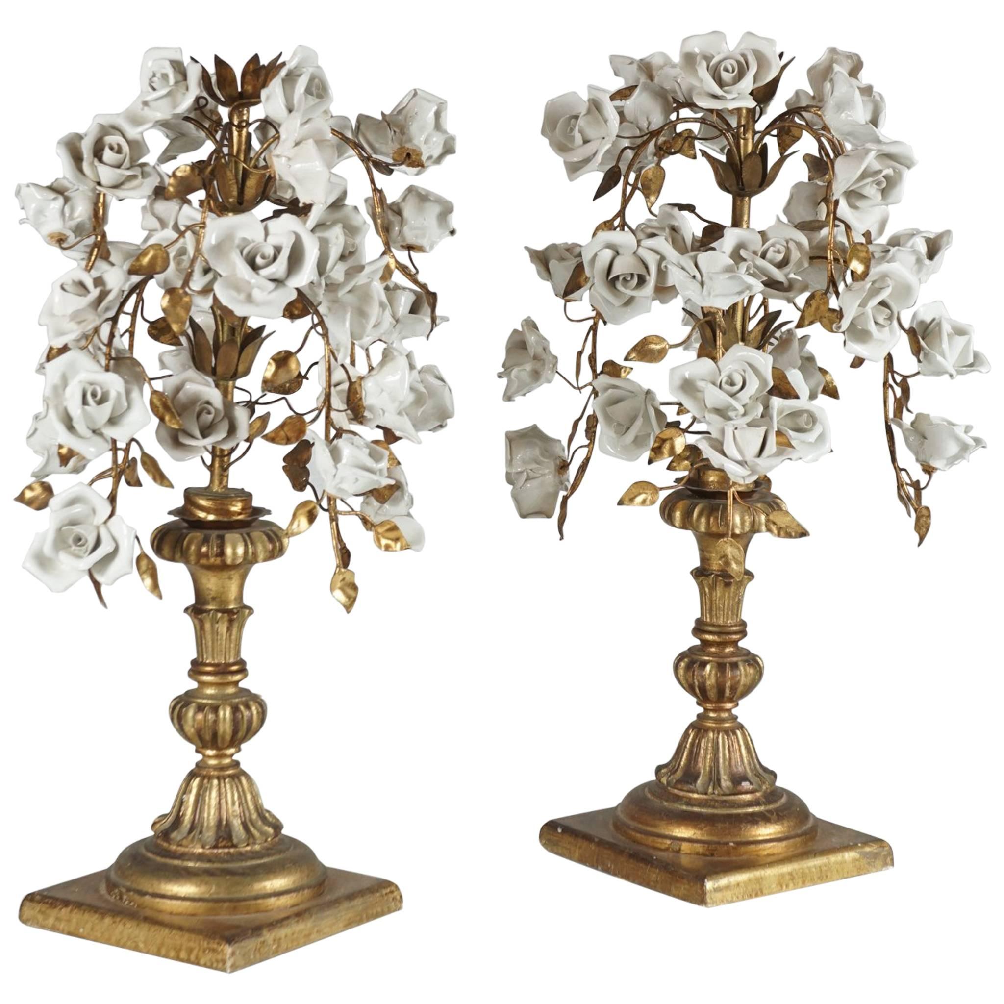 Pair of Porcelain Floral Bouquet Sculptures
