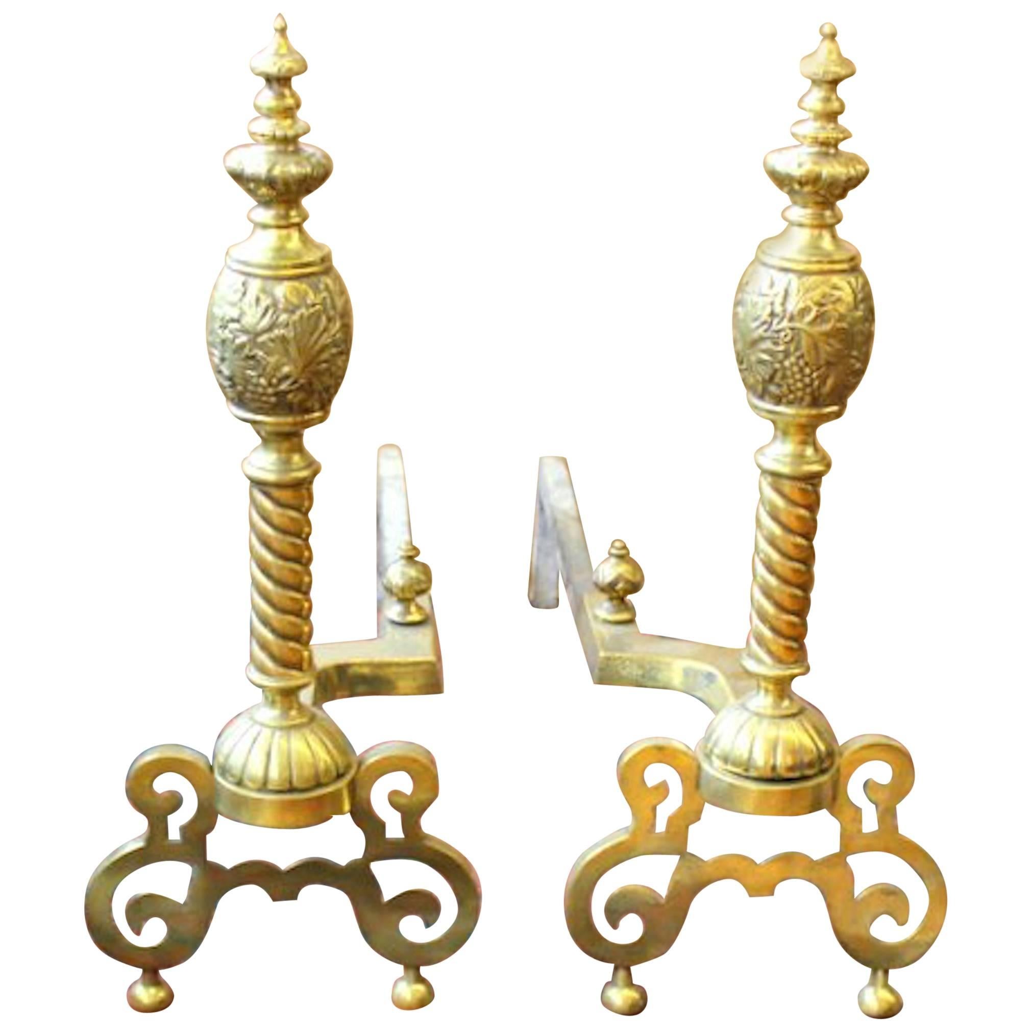 Pair of Antique American Cast Brass Andirons