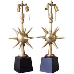 Pair of Patinated Brass & Steel 'Sputnik' Table Lamps; Mexico, 1950s