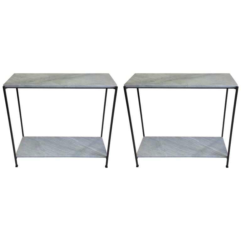 Two Wrought Iron and Marble Minimalist Consoles/Sofa Tables, Italy