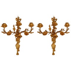 Pair 19th Century French Gilt Bronze Louis XVI Style Floral Sconces