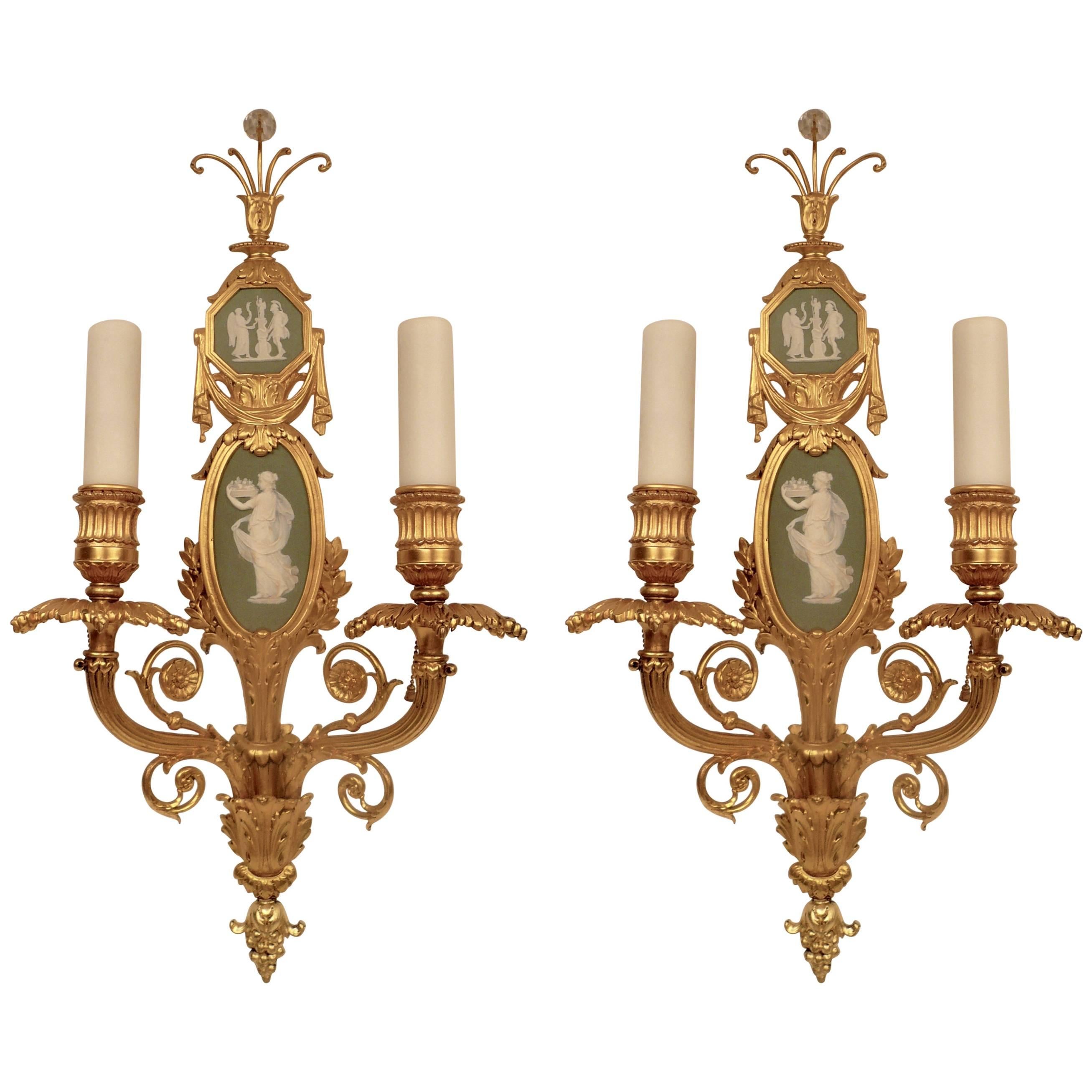 Pair of Gilt Bronze and Wedgwood Neo-Classical Style Sconces