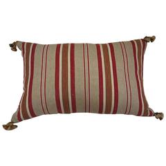Antique French Red Beige Green Striped Linen Ticking Pillow with Tassels