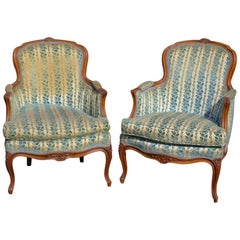 Pair of Louis XVI Style Walnut Carved Upholstered Bergere Chairs 