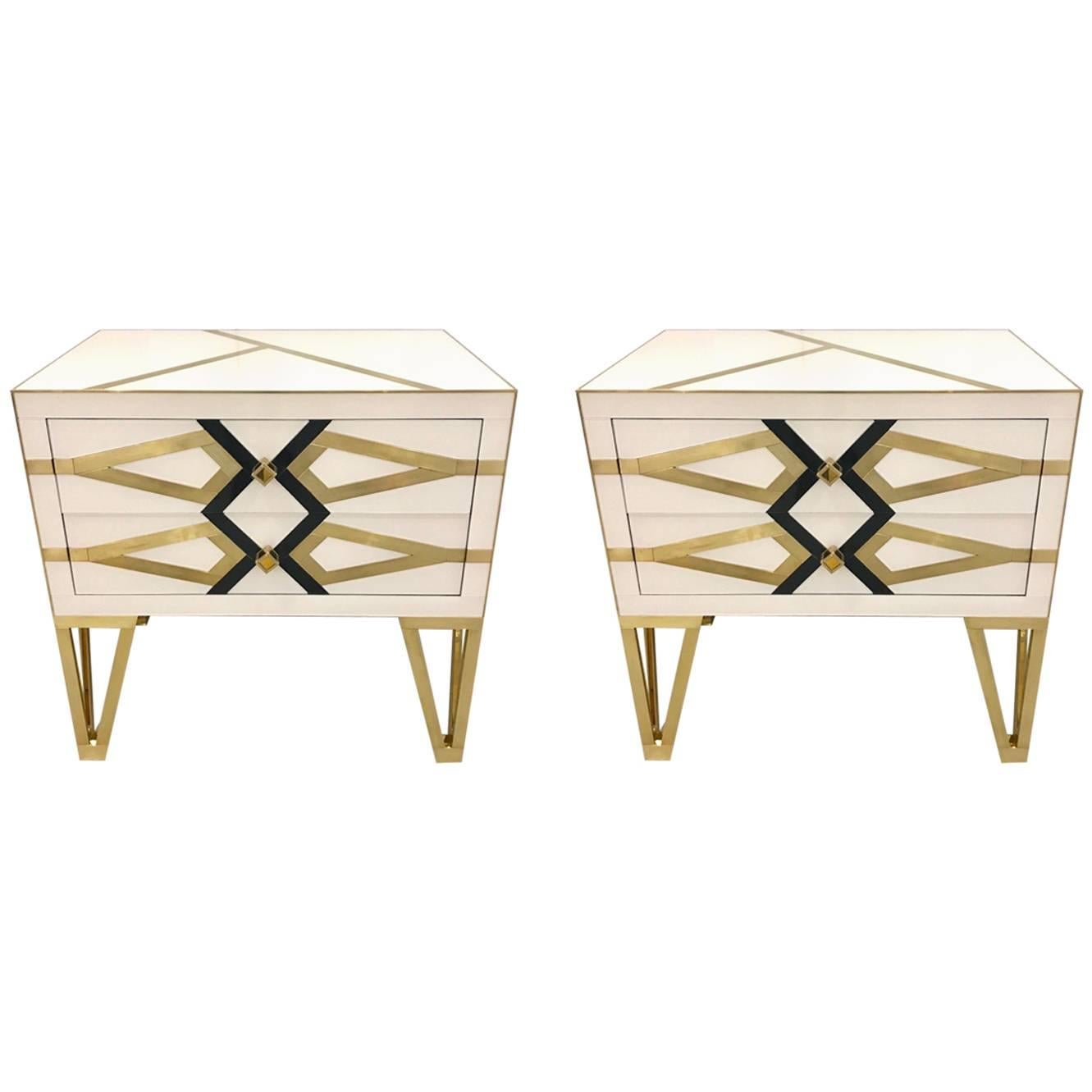 Bespoke Cosulich Creation Pair Gold Brass Black & White Side Tables/Nightstands