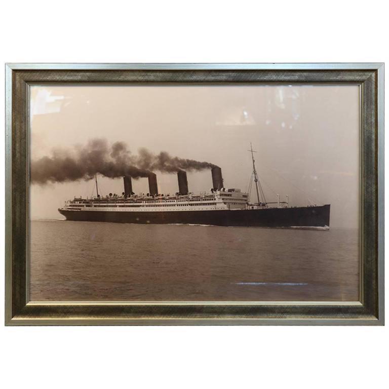 Black and White Print of Four Stack Ocean Liner For Sale at 1stdibs