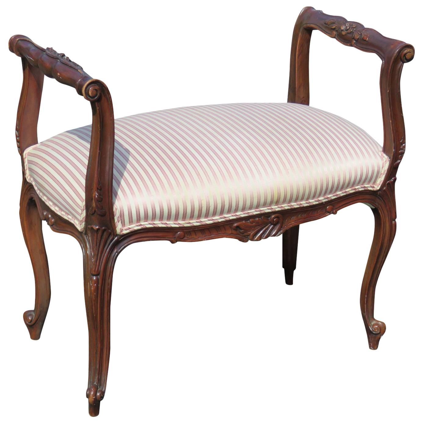 Louis XV Style Walnut Carved Upholstered Bench