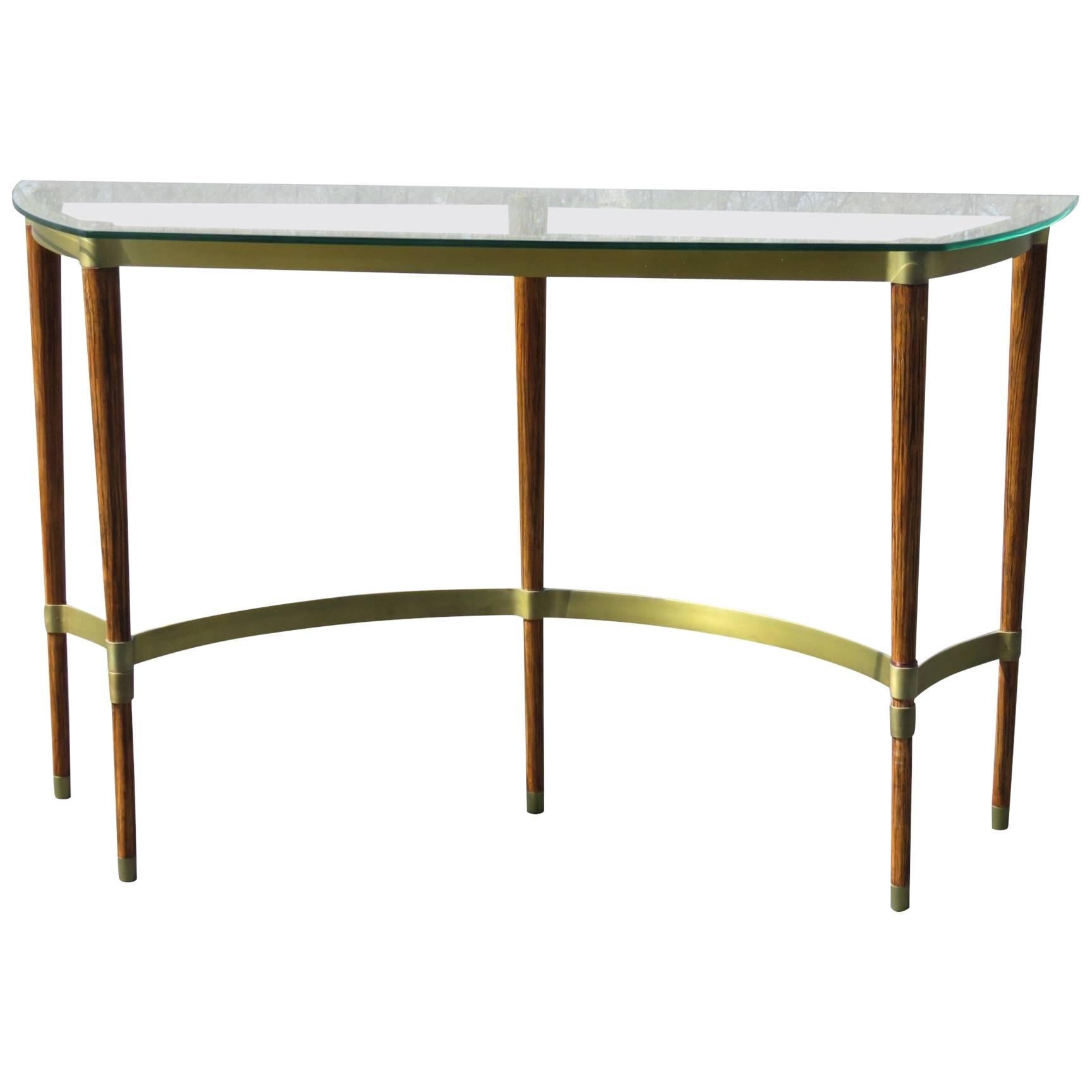 Deco Style Brass and Wood Glass Top Console Table
