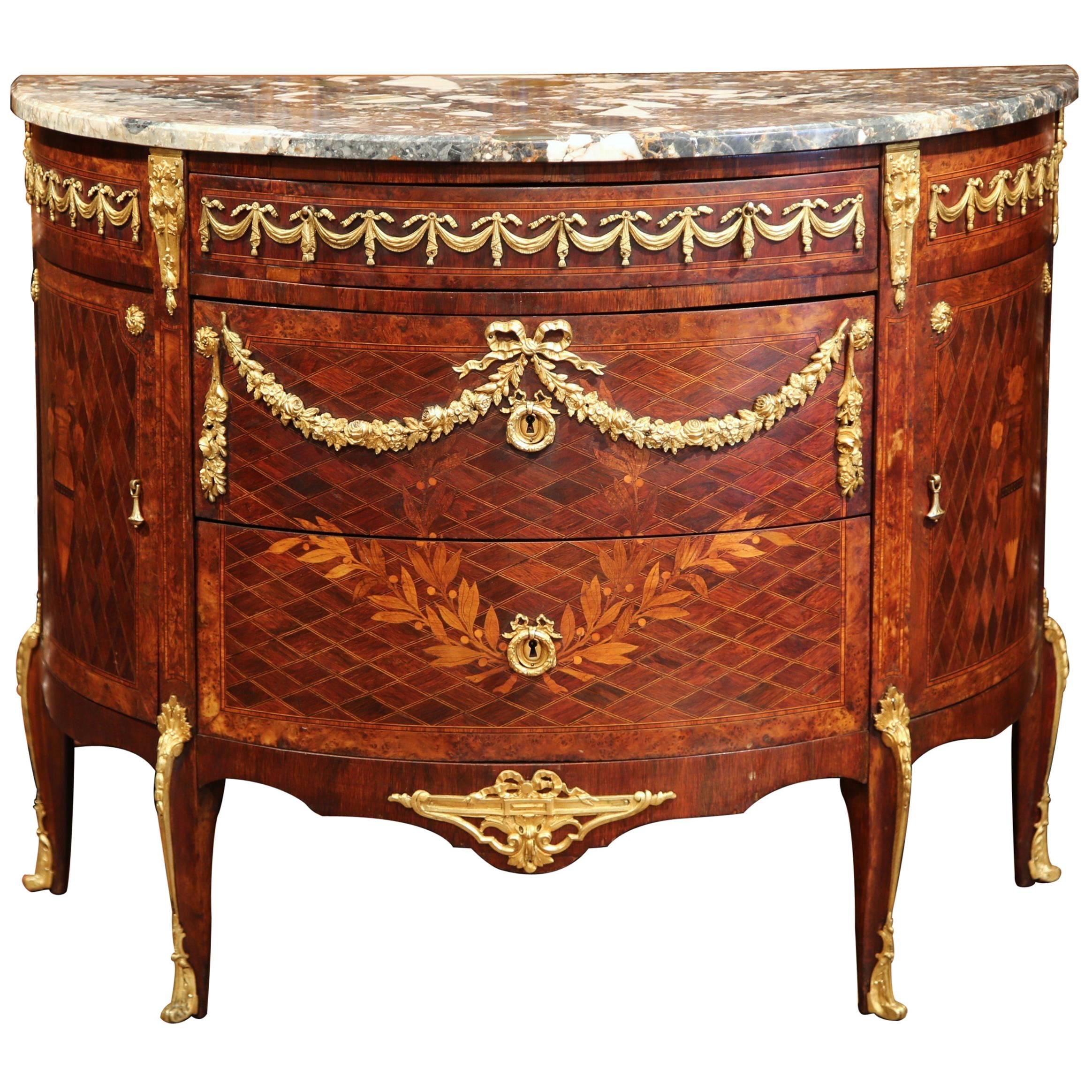 19th Century French Bombe Demi-Lune Marquetry Commode with Marble Top