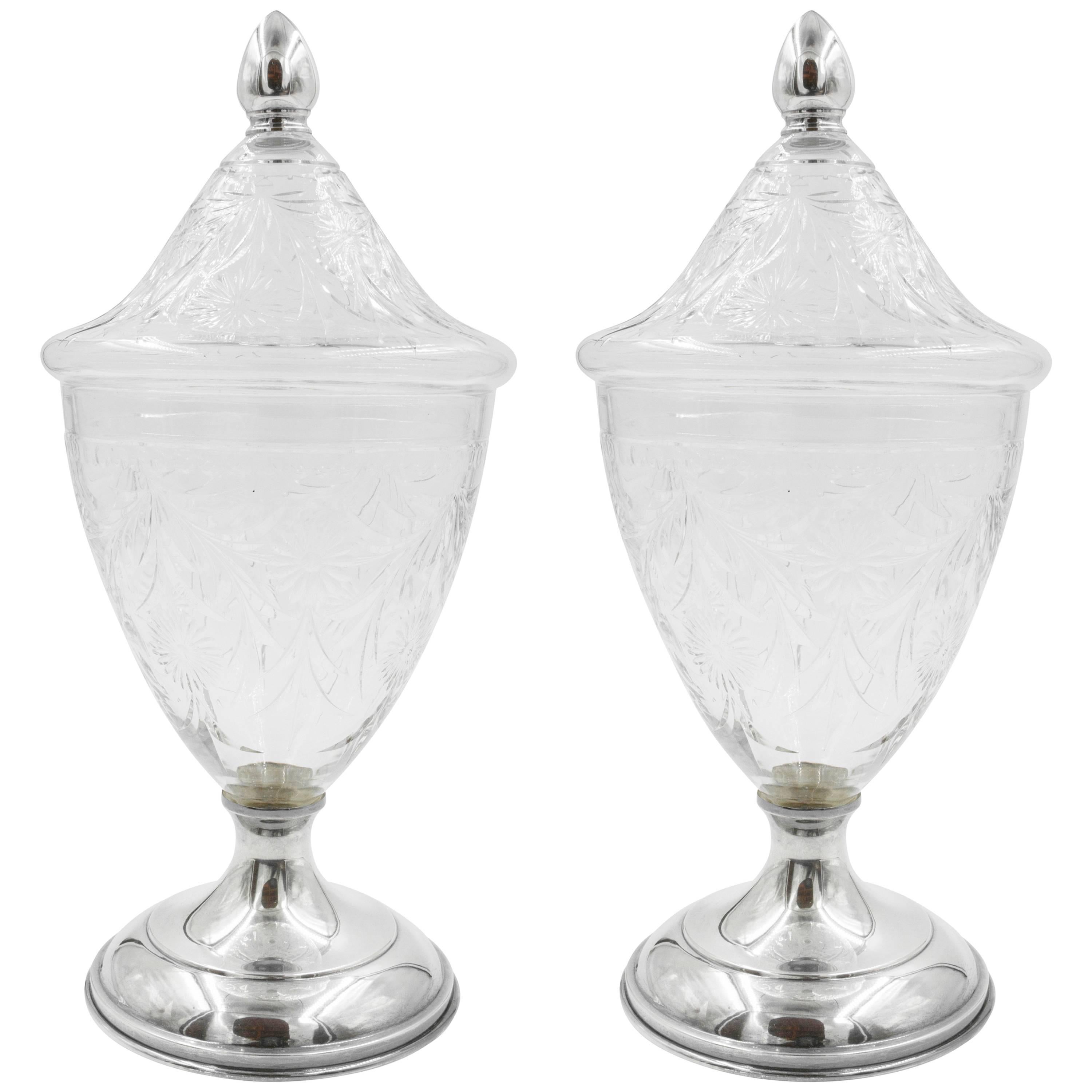 Pair of Crystal and Silver Urns